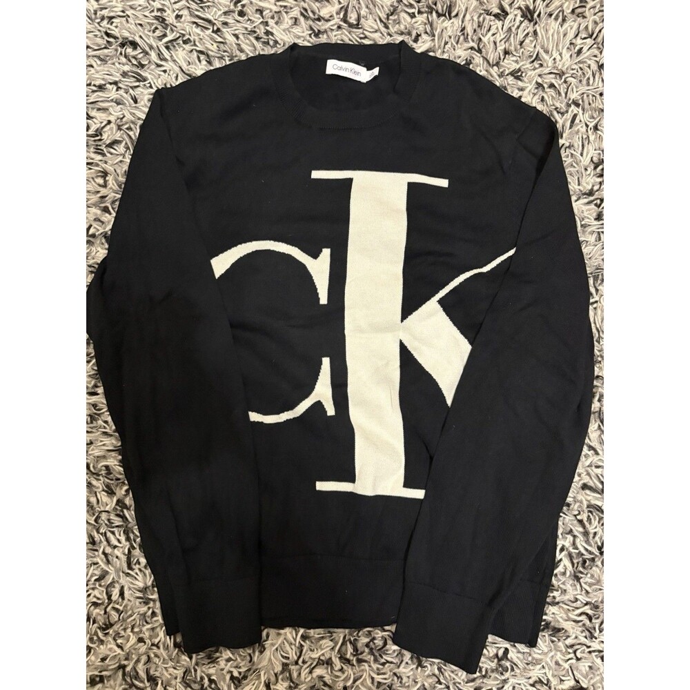 Calvin Klein CK Monogram Logo Intarsia Knit Sweater Mens L Black‎ White Crewneck